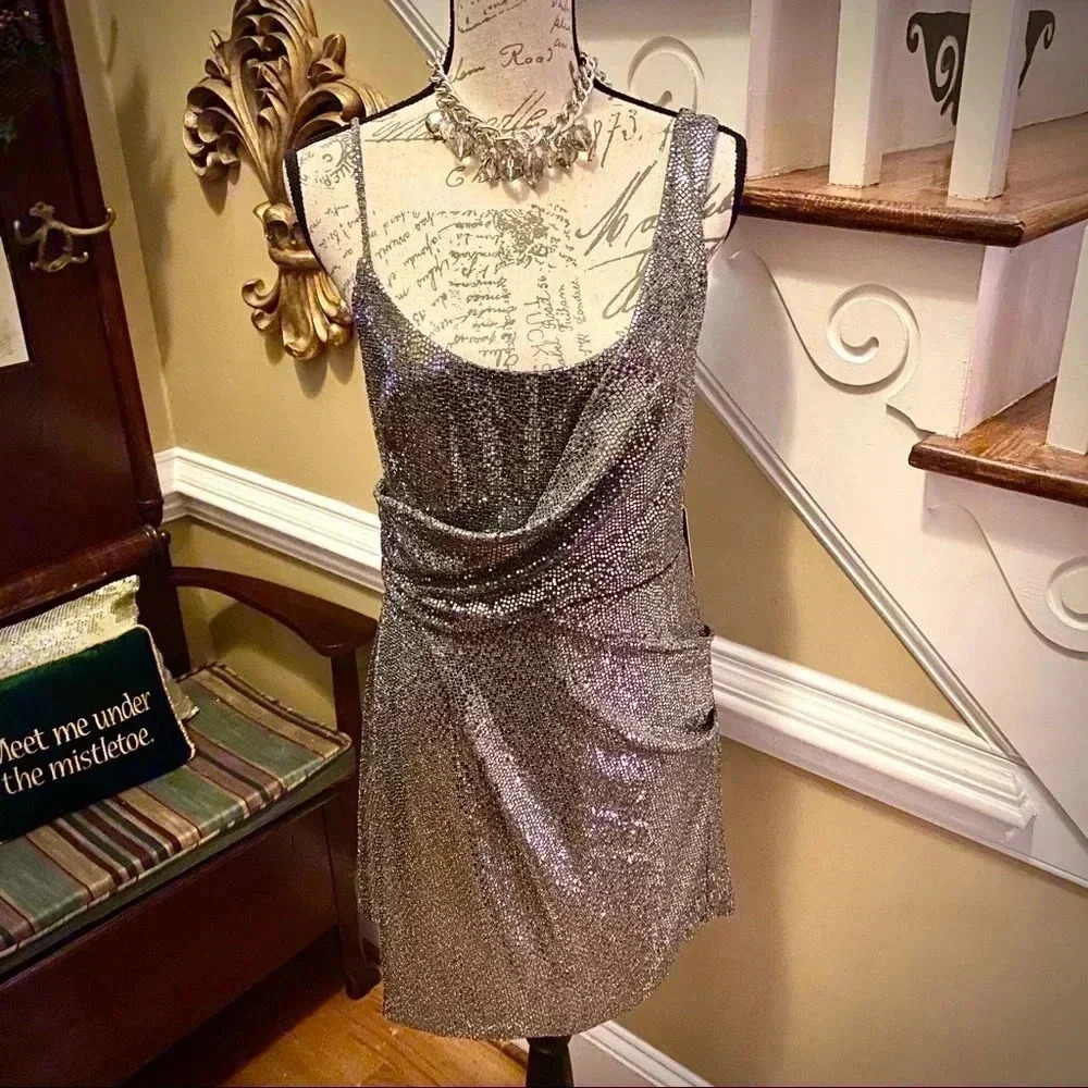New! Express silver sequin drape front dress